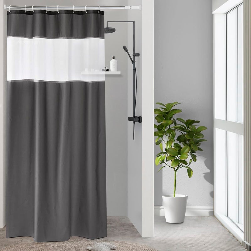UFRIDAY Dark Gray Shower Curtain with White Mesh Window, Fabric Bathroom Shower Curtain with Weighted Bottom Hem, 48 x 72 inch, Waterproof - Image 1